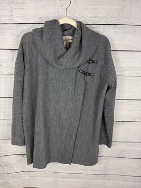 Ellen Tracy Merino Wool Gray Shawl Collar Wrap Sweater with Toggle Closures Sz M
